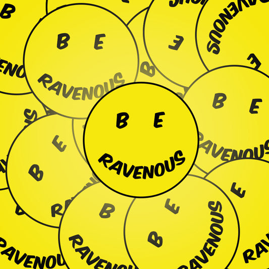 Pattern of yellow circles with 'BE RAVENOUS' text on a yellow background